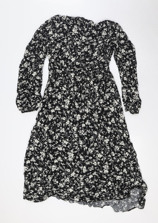 New Look Womens Black Floral Viscose A-Line Size 16 Scoop Neck Zip
