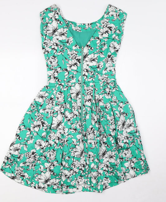 Louche Womens Green Floral Cotton A-Line Size 8 Boat Neck Zip - Pockets