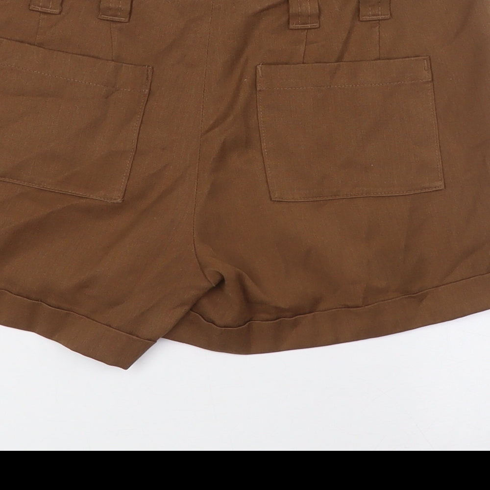 Brand and care label for Vera Moda women’s brown polyester bermuda shorts, size UK 8, 3-inch leg regular zip - turn ups