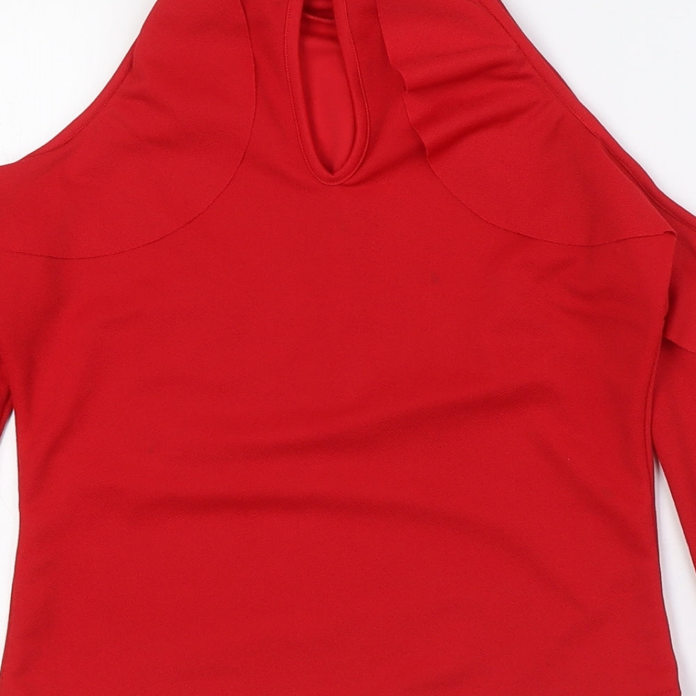 Boohoo Womens Red Polyester Basic Button-Up Size 10 Mock Neck - Cold Shoulder