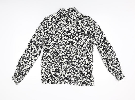 John Lewis Womens Black Floral Viscose Basic Button-Up Size 12 Round Neck