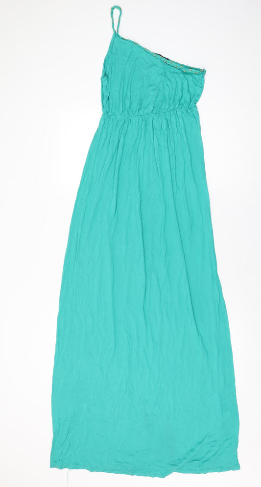 Additional front view of Fashion Union women’s green polyester maxi, size UK 8, one shoulder pullover