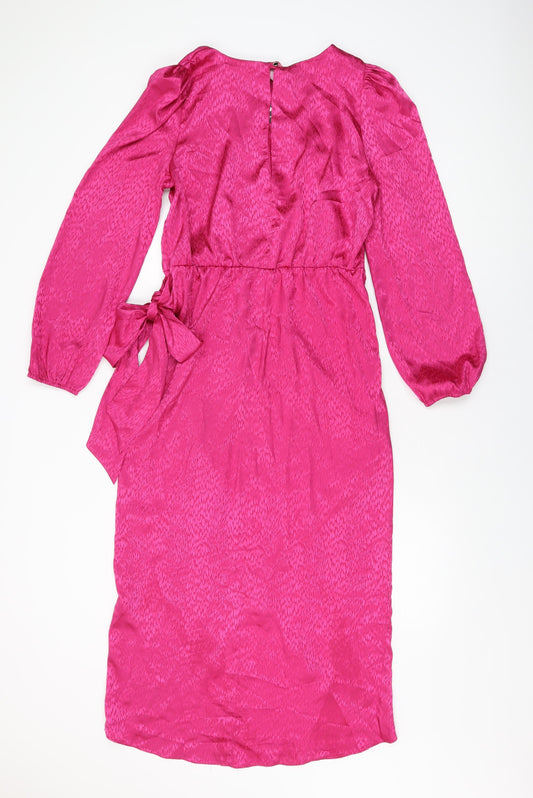 New Look Womens Pink Geometric Polyester Wrap Dress Size 12 Round Neck Tie