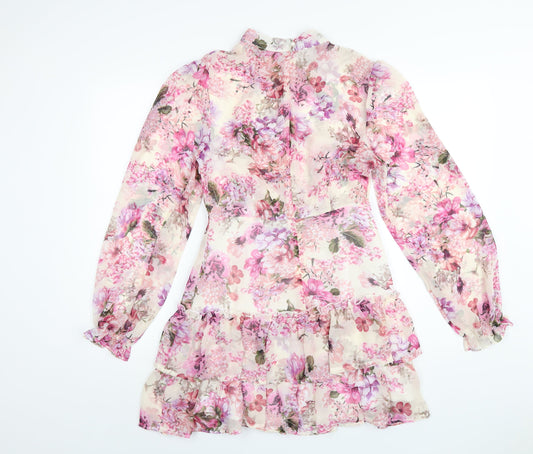 Boohoo Womens Pink Floral Polyester A-Line Size 10 Round Neck Zip