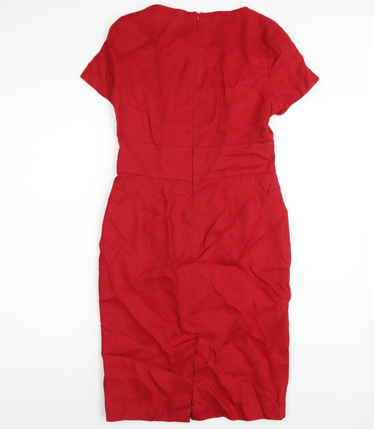 Debenhams Womens Red Linen Pencil Dress Size 10 Square Neck Zip