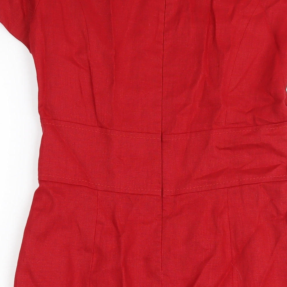 Debenhams Womens Red Linen Pencil Dress Size 10 Square Neck Zip