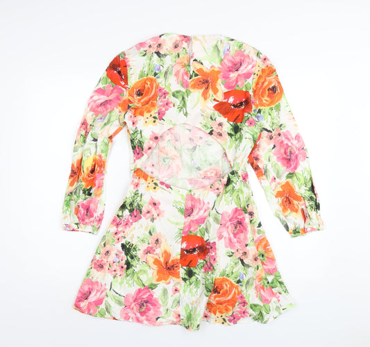 Zara Womens Multicoloured Floral Linen A-Line Size S Round Neck Zip
