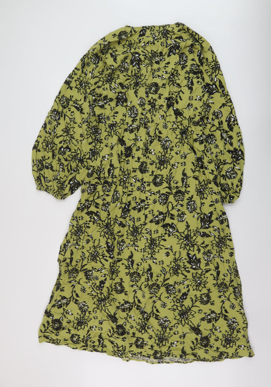 Marks and Spencer Womens Green Floral Viscose A-Line Size 12 V-Neck Pullover