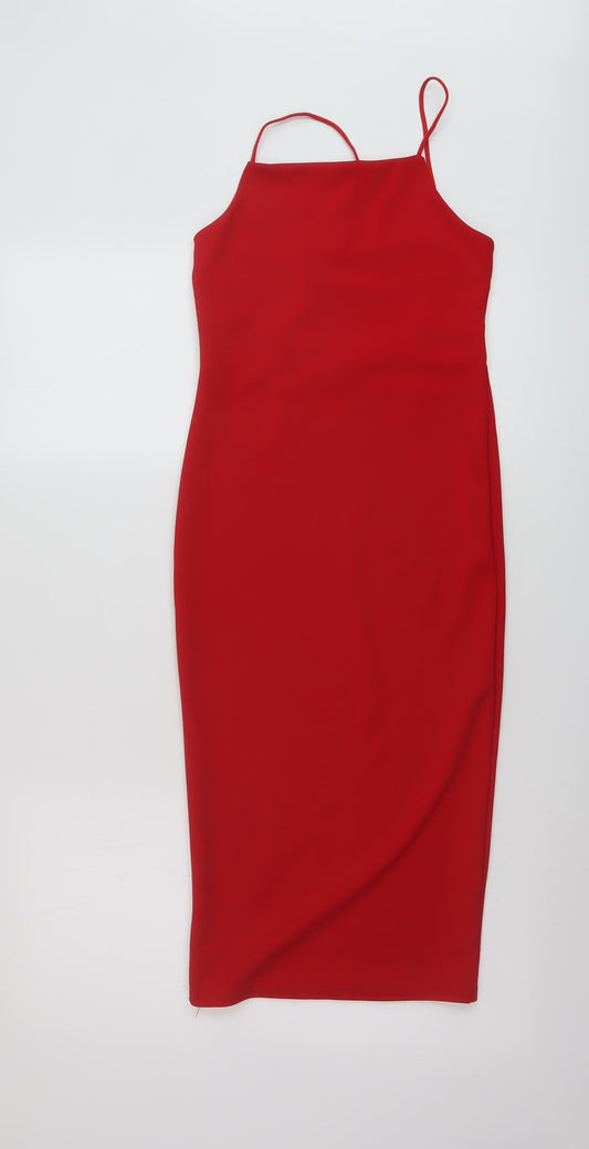 Additional front view of Missguided women’s red polyester bodycon, size UK 6, square neck pullover