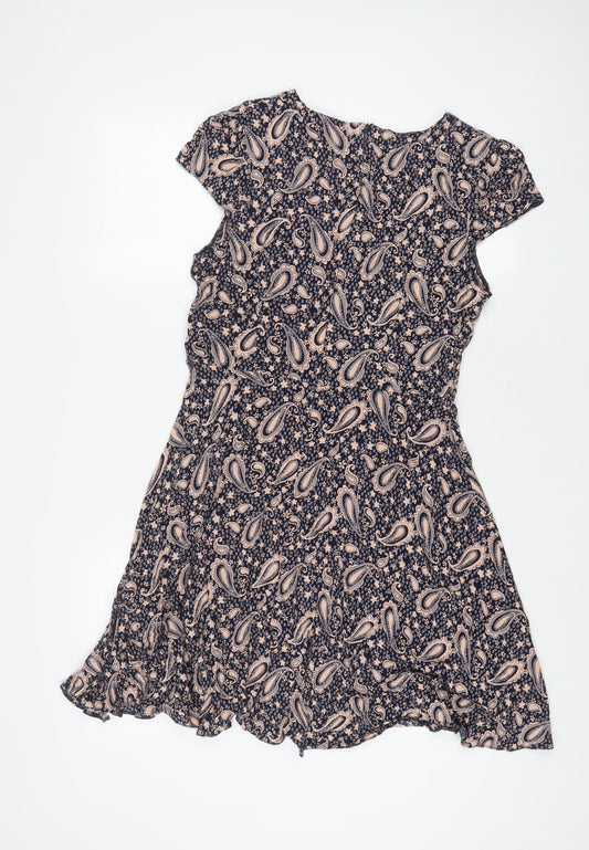 Izabel London Womens Blue Geometric Viscose A-Line Size 12 Crew Neck Zip