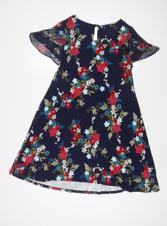 Monsoon Womens Blue Floral Viscose A-Line Size 10 Scoop Neck Button