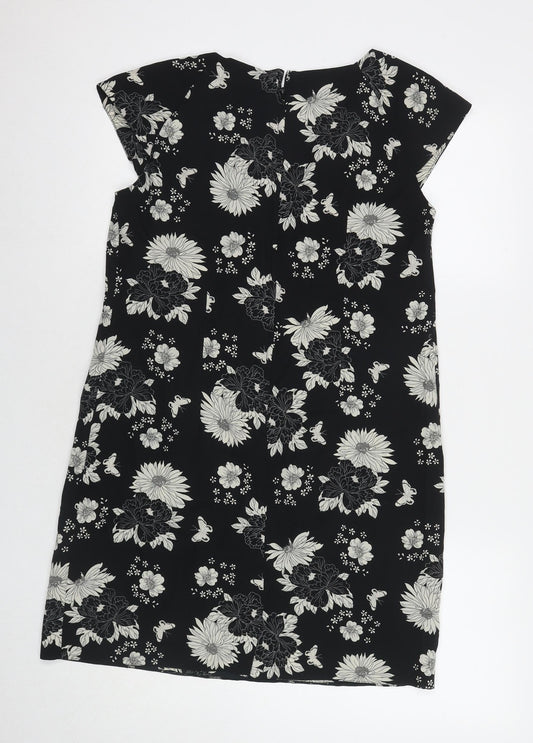 Wallis Womens Black Floral Polyester A-Line Size 12 Round Neck Zip