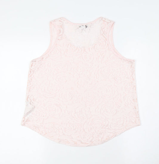 New Look Womens Pink Cotton Basic Button-Up Size 12 Round Neck - Sheer
