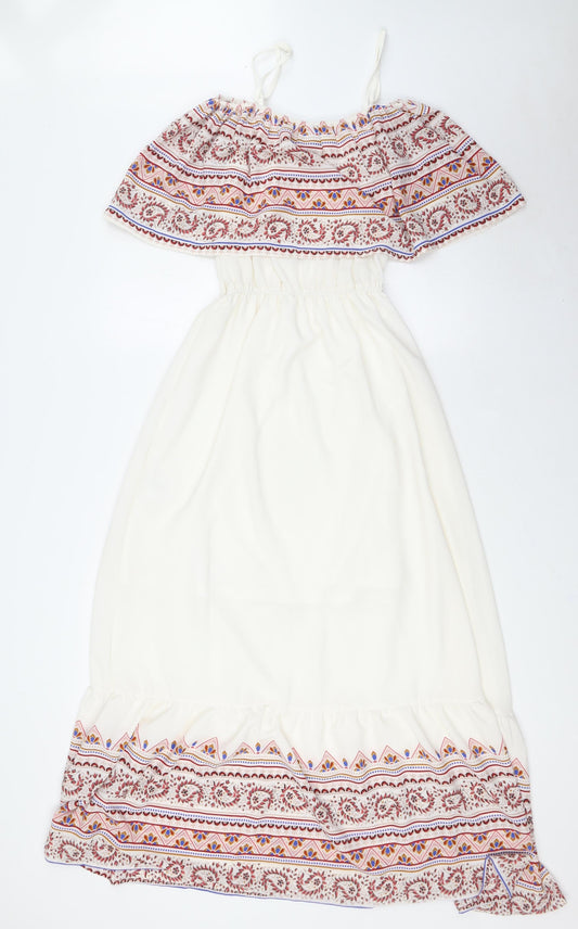 Izabel London Womens White Viscose Maxi Size 8 Square Neck - Patterned Hem and Collar