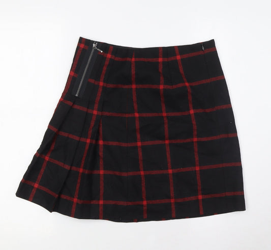 Marks and Spencer Womens Black Check Wool A-Line Skirt Size 8 Zip - Zip Detail ,Pleated