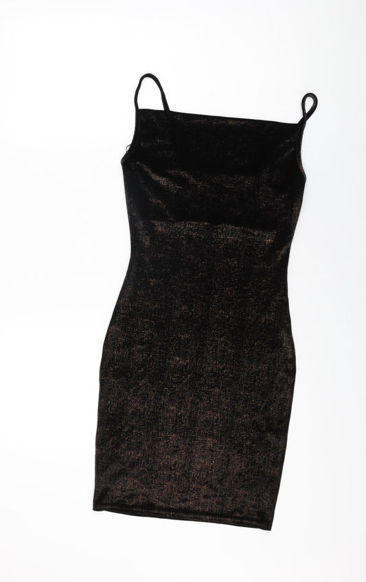 Additional front view of Miss Selfridge women’s black polyester bodycon, size UK 6, square neck pullover