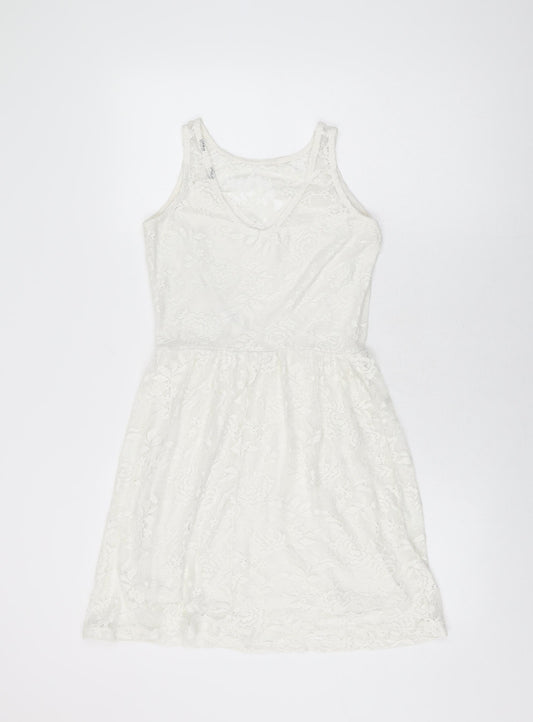 Dorothy Perkins Womens White Floral Polyester Skater Dress Size 8 Round Neck Pullover