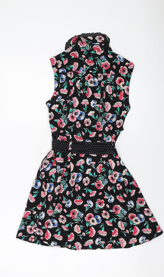 Miss Selfridge Womens Black Floral Polyester A-Line Size 8 Collared Button