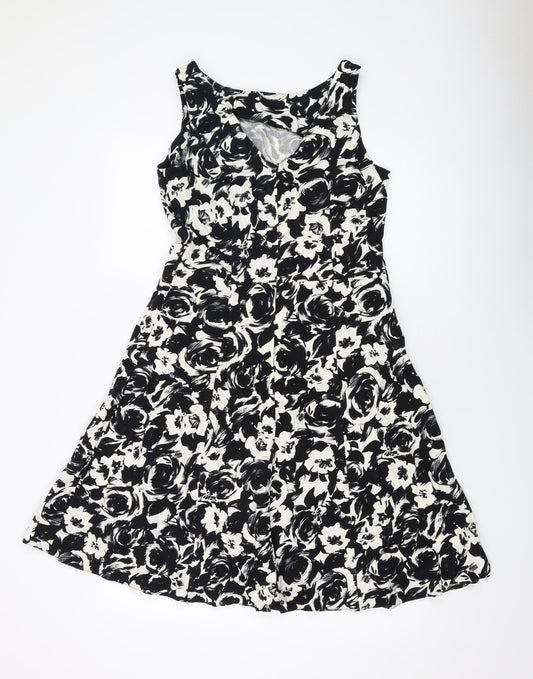 Dorothy Perkins Womens Black Geometric Cotton A-Line Size 12 Round Neck Zip