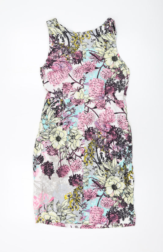 Dorothy Perkins Womens Multicoloured Floral Cotton Sheath Size 12 V-Neck Zip