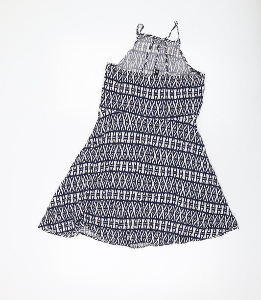 H&M Womens Black Geometric Viscose Skater Dress Size 12 Square Neck Zip