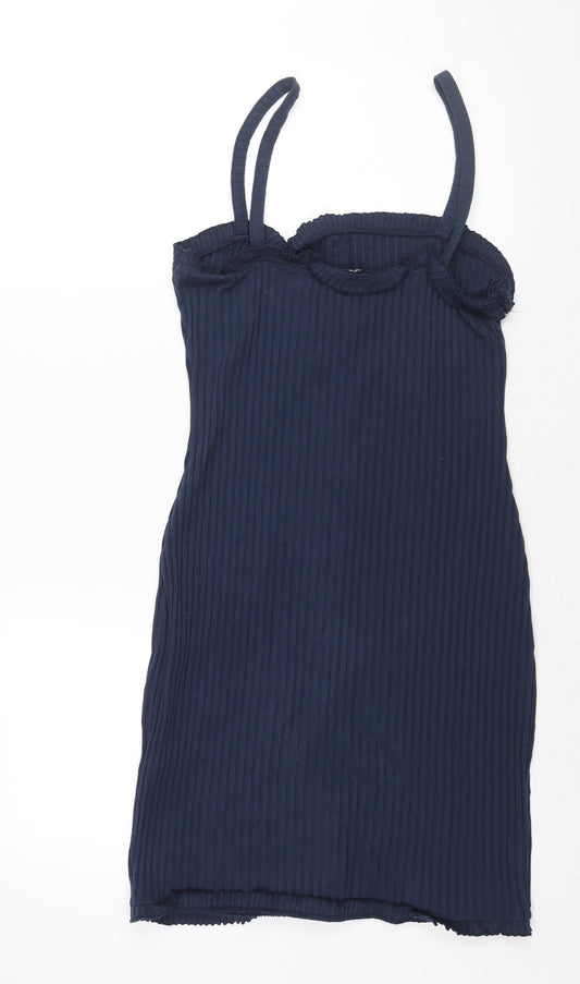 ASOS Womens Blue Polyester Shift Size 12 Square Neck Pullover - Ribbed Button Detail Frill