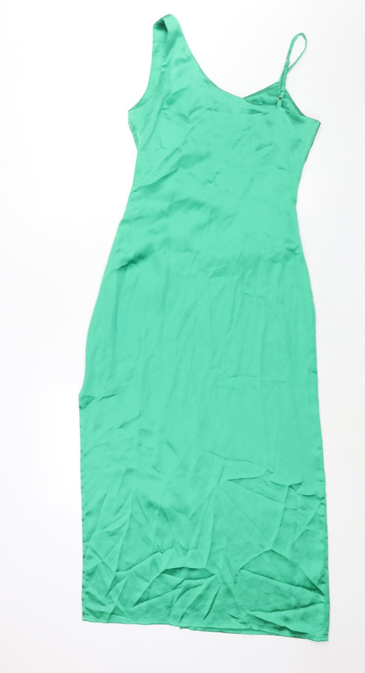Pretty Lavish Womens Green Polyester Slip Dress Size 10 V-Neck Zip - Front Slit Rouched