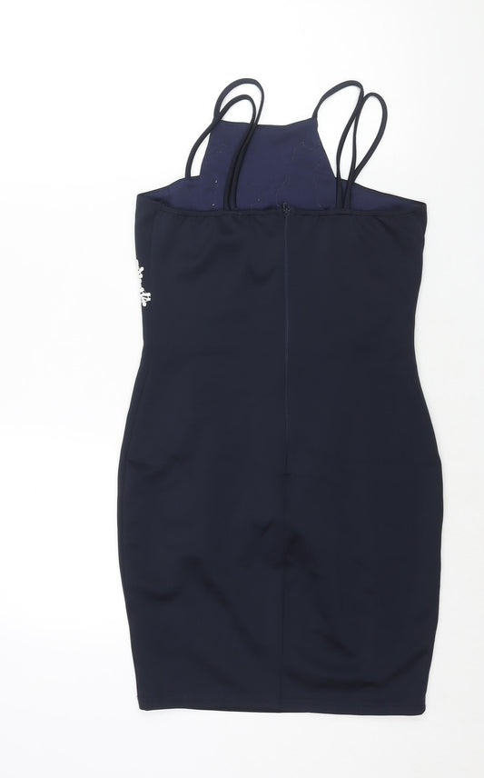 AX Paris Womens Blue Polyester Bodycon Size 12 Square Neck Zip - Floral Lace Detail