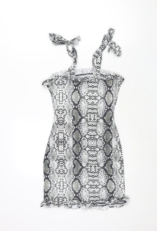 PRETTYLITTLETHING Womens Grey Animal Print Polyester Bodycon Size 8 Square Neck Tie - Frill Snakeskin Print