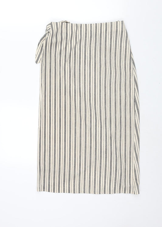 H&M Womens Ivory Striped Polyester Wrap Skirt Size S Tie