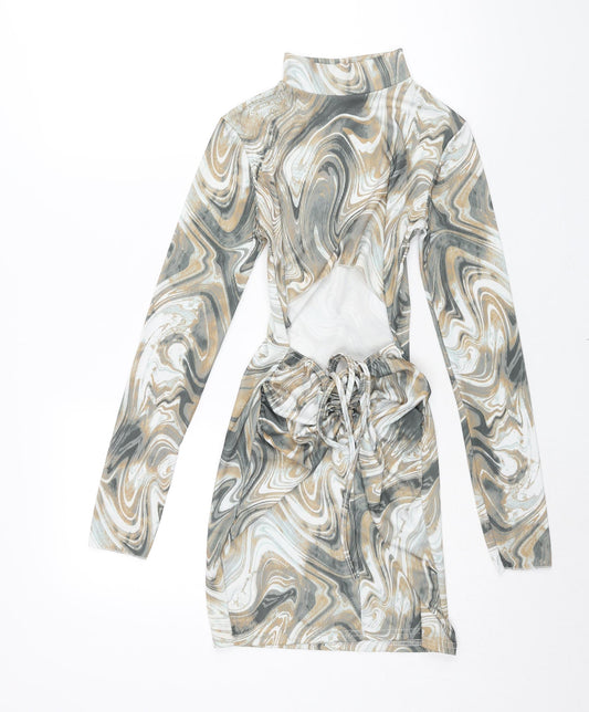 PRETTYLITTLETHING Womens Multicoloured Geometric Polyester Bodycon Size 8 Mock Neck Pullover - Open Back Drawstring Detail Marble Print