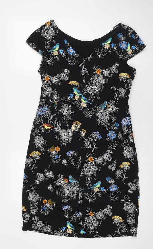 Dorothy Perkins Womens Black Floral Cotton A-Line Size 18 V-Neck Zip