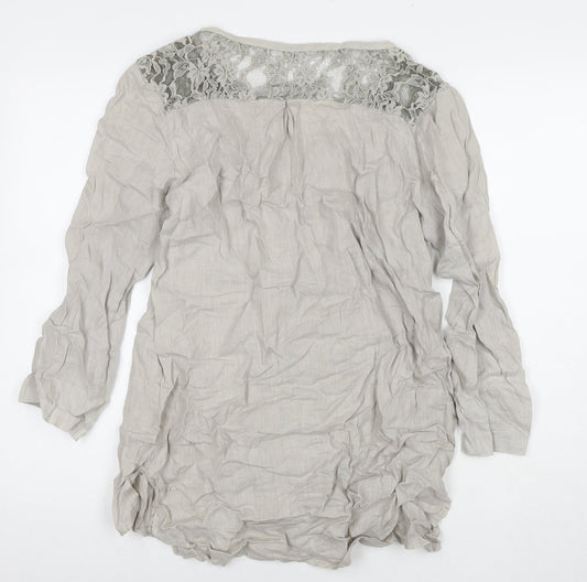 Made in Italy Womens Grey Linen Basic Button-Up Size L Round Neck