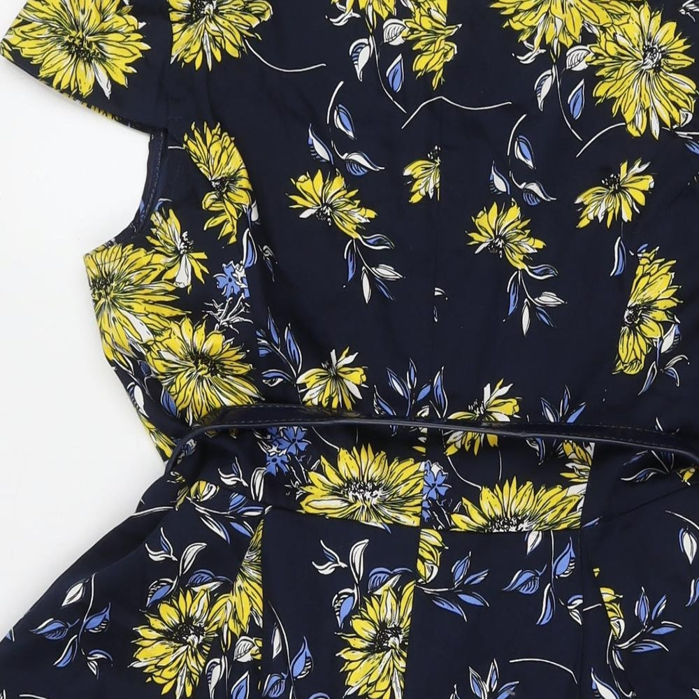 Izabel Womens Blue Floral Cotton A-Line Size 12 V-Neck Zip