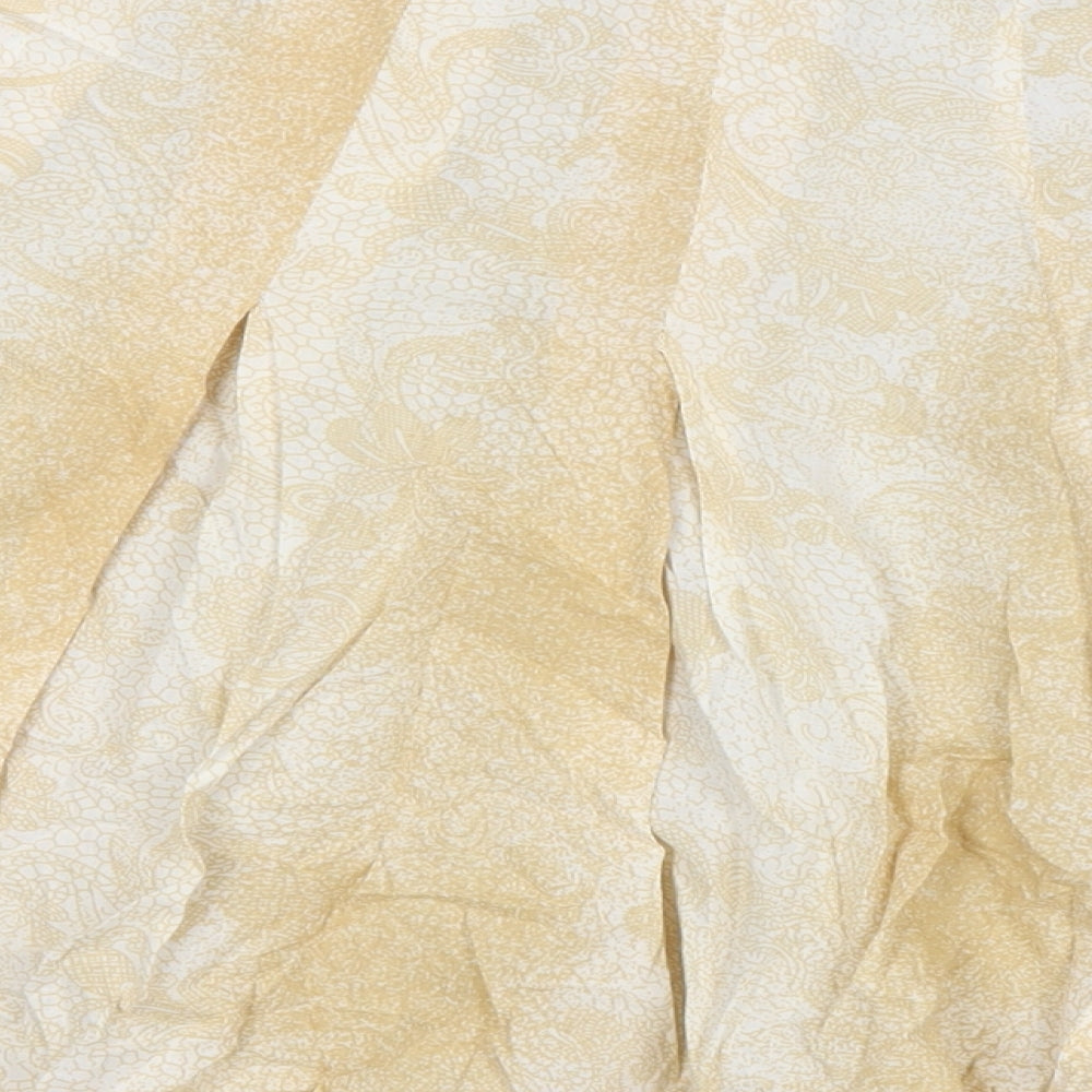 Brand and care label for b.young women’s beige geometric cotton a-line skirt, size UK 14, zip