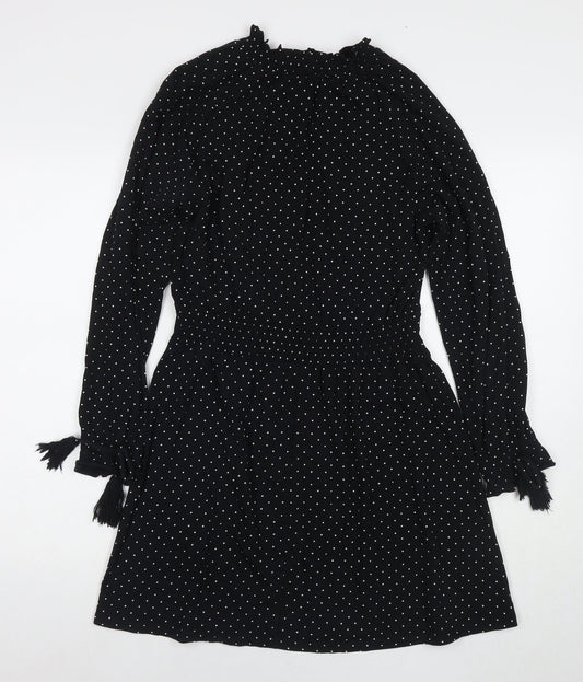 Topshop Womens Black Polka Dot Cotton Fit & Flare Size 10 Round Neck Pullover