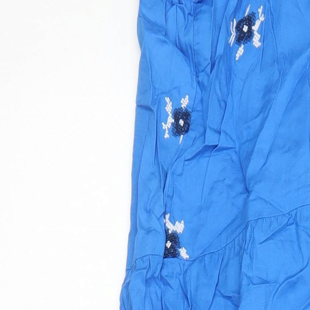 M&S Womens Blue 100% Cotton Shift Size 12 Square Neck - Embroidered Flowers