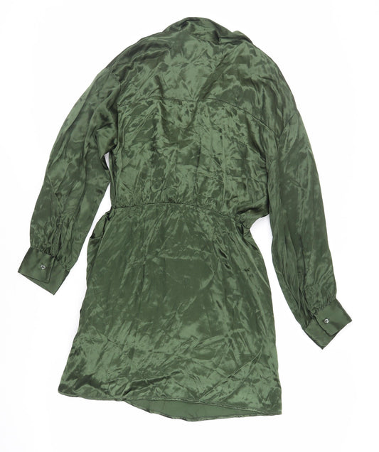 Zara Womens Green Viscose Shirt Dress Size M Collared Zip