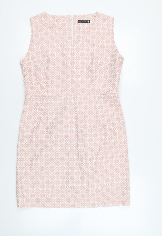 Additional front view of Collection London women’s pink geometric polyester pencil dress, size UK 14, v-neck zip