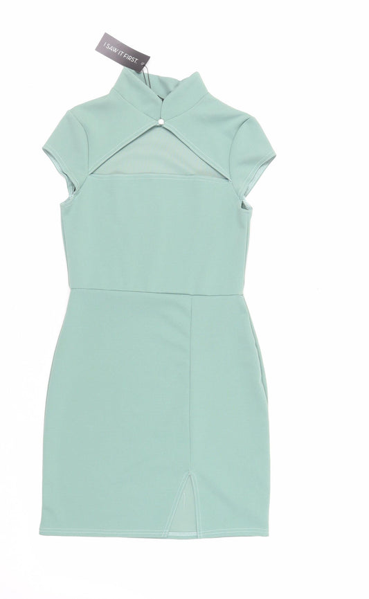 Additional front view of I SAW IT FIRST women’s green polyester mini, size UK 10, mock neck button - cut out detail