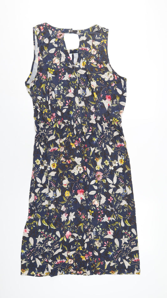 Oasis Womens Blue Geometric Viscose A-Line Size L Round Neck Pullover