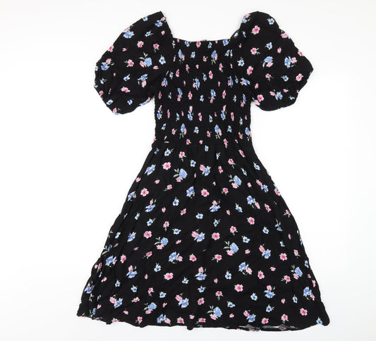 Select Womens Black Floral Viscose A-Line Size 8 Square Neck Pullover