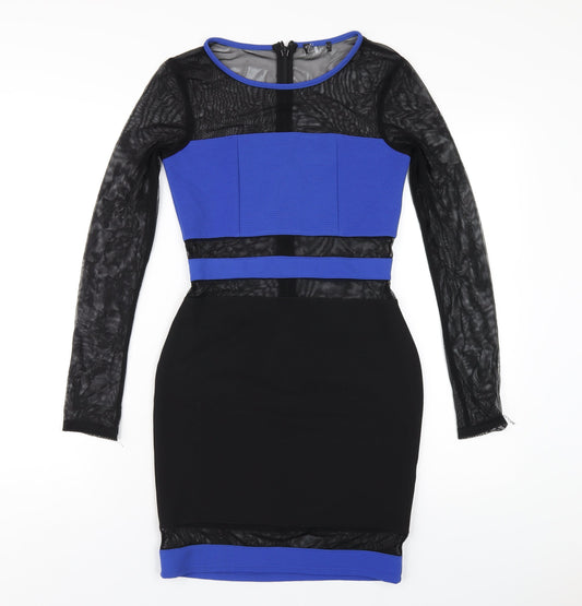 Additional front view of Miss Selfridge women’s black polyester bodycon, size UK 8, round neck zip