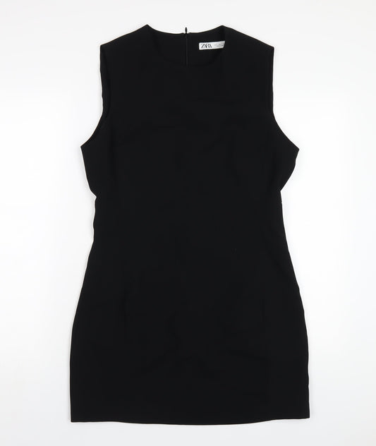 Zara Womens Black Polyester Pencil Dress Size L Round Neck Zip