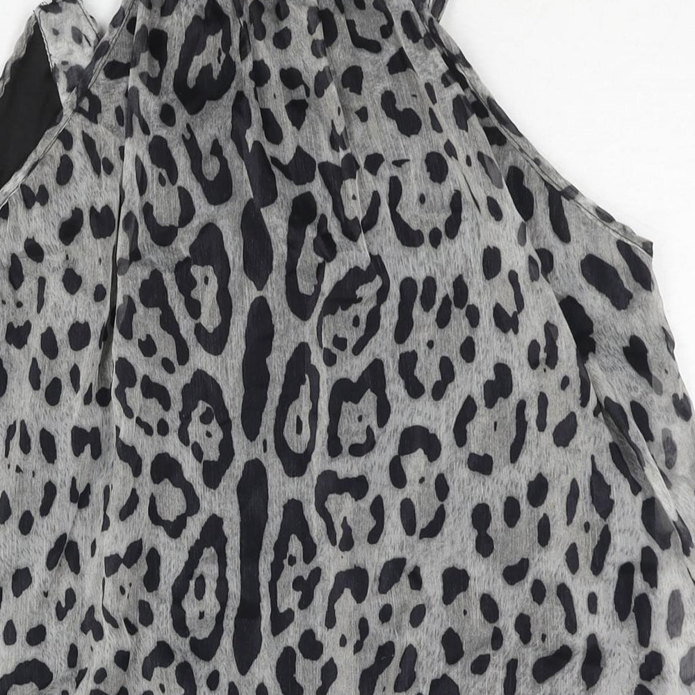 AX Paris Womens Grey Animal Print Polyester Mini Size 14 Scoop Neck Pullover - Jaguar Print Button Neckline