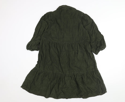 F&F Womens Green Cotton Shirt Dress Size 10 Collared Button - Smocked