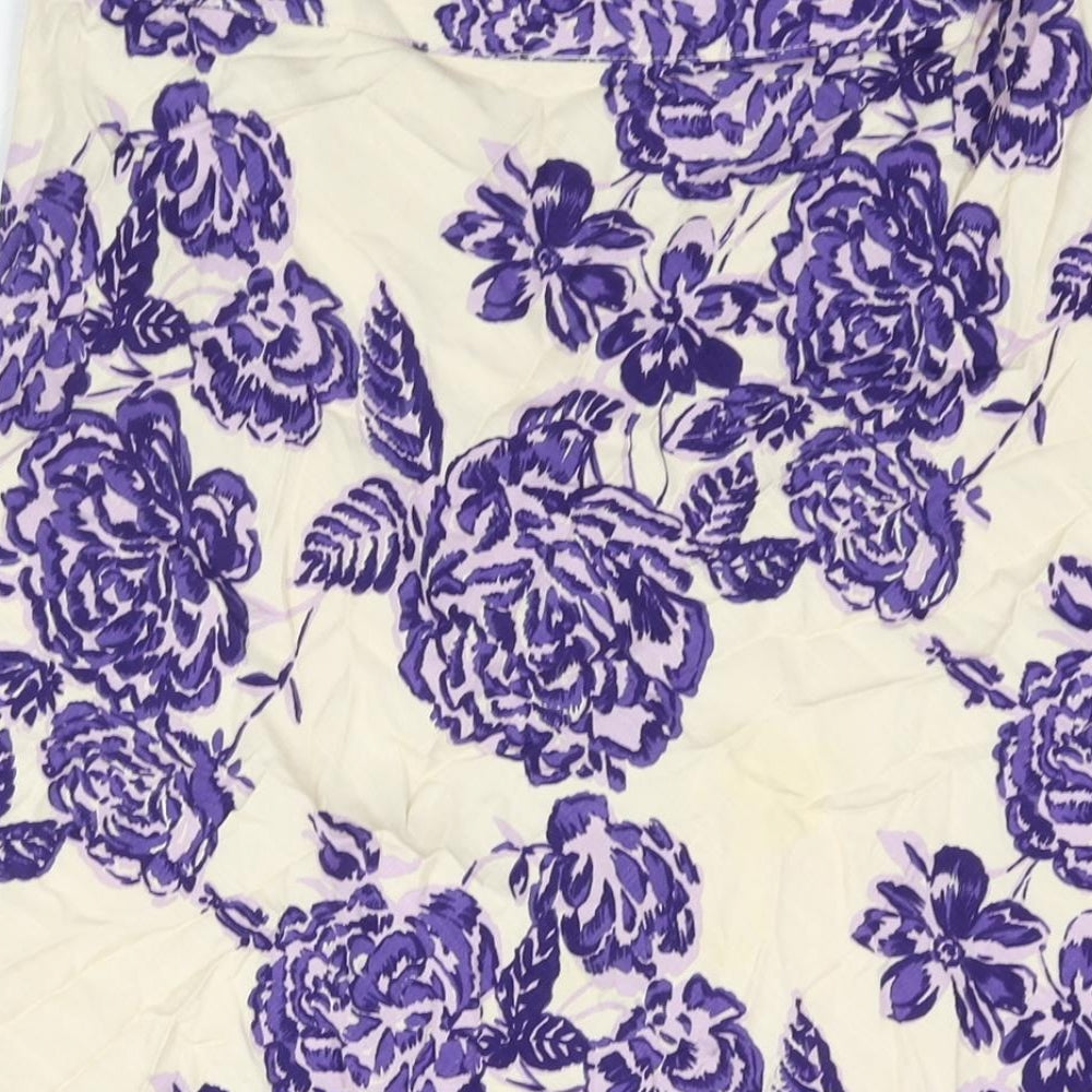 Brand and care label for Alex & Co. women’s purple floral viscose a-line skirt, size UK 10, zip - belted