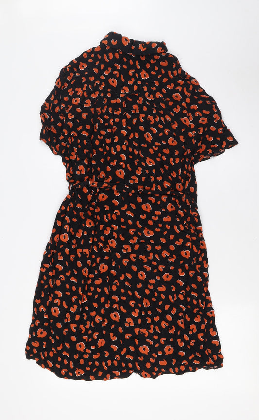 Dorothy Perkins Womens Black Animal Print Viscose A-Line Size 14 Collared Button