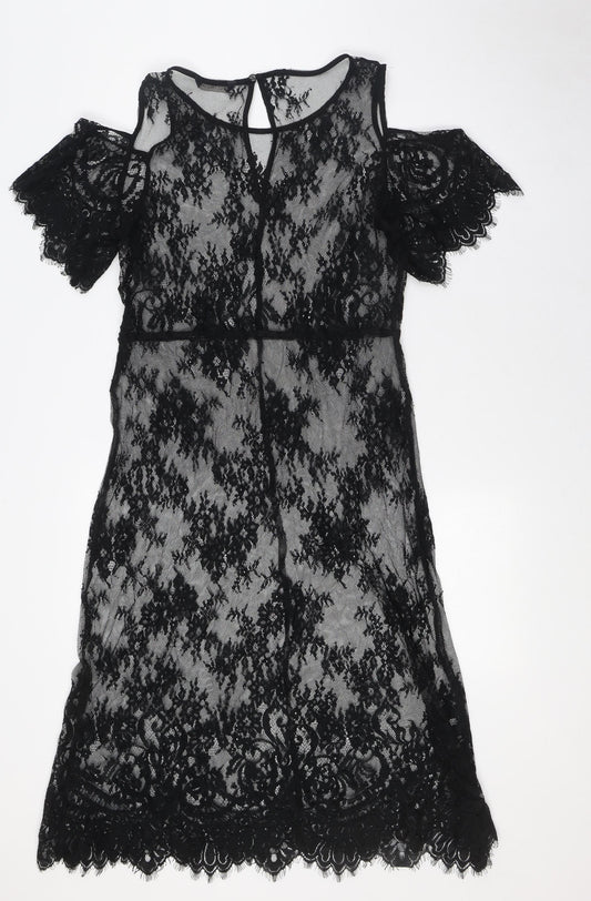 Marks and Spencer Womens Black Polyamide A-Line Size 10 Round Neck - Lace, Cold Shoulder
