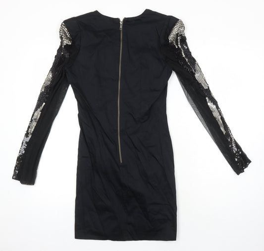 French Connection Womens Black Cotton Pencil Dress Size 10 V-Neck Zip - Sequin Detail